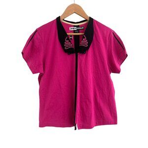 Jamie Sadock Fuchsia Pink Black Embroidered Short Sleeve Golf Top Shirt Size M